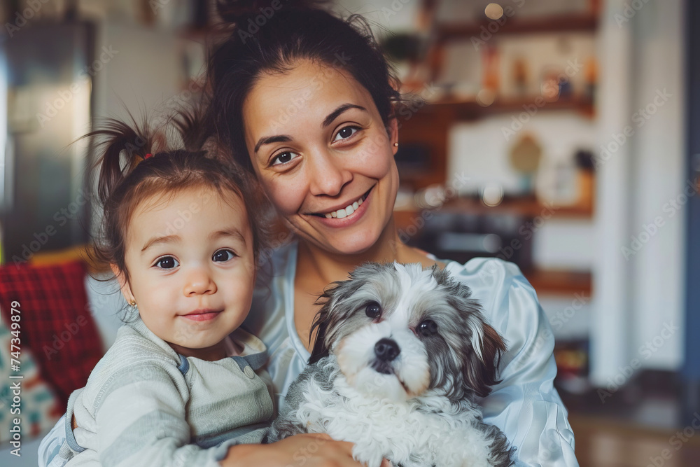 Smiling Mother and Child with a Fluffy Dog at Home Smiling Mother and Child with a Fluffy Dog at Home