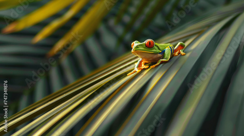 Red-Eyed Tree Frog Perching on Tropical Leaf photo