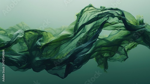 A mesmerizing display of green fabric swirls underwater, resembling seaweed in motion. Concept of Sustainable Biofabrics from Seaweed. Algae-Based Fabrics, Seaweed In Fashion