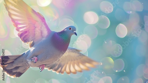 Pigeon flying on pastel bokeh background