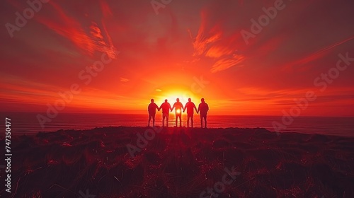 Pinnacle of Unity, Panoramic View of a Team Holding Hands, Helping Each Other Reach the Mountain Top, Set Against a Spectacular Sunset Landscape