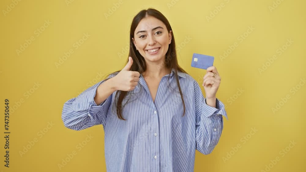 Young beautiful hispanic woman holding credit card smiling happy and positive, thumb up doing excellent and approval sign over isolated yellow background