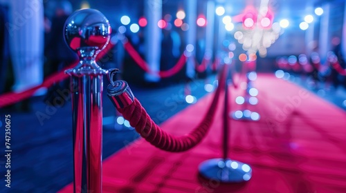 Macro view of red carpet with red rope barrier in a row. photo