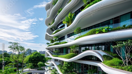 Modern Architectural Marvel, Building with Lush Green Balconies Seamlessly Integrated into Urban Environment