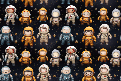 Seamless pattern with cute cartoon characters astronauts in space on a dark background. Texture for decoration of children fabrics and textiles