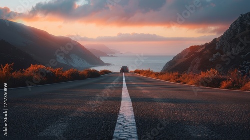 A truck driving down a road next to the ocean