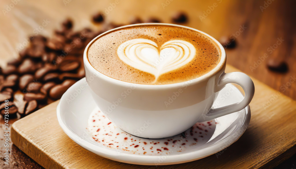 Close up white coffee cup with heart shape latte art on wood tab Close up white coffee cup with heart shape latte art on wood tab