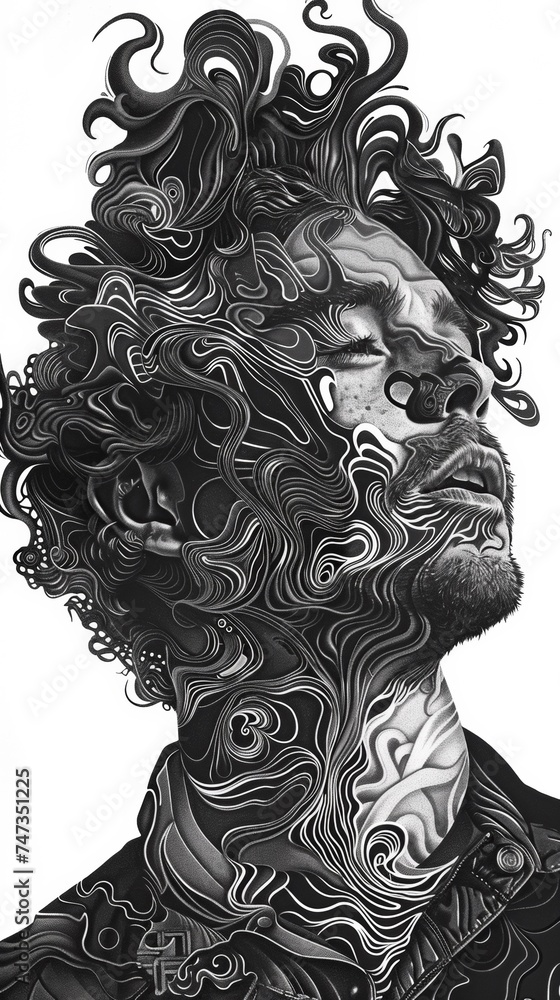 A black and white drawing of a man with curly hair A black and white drawing of a man with curly hair