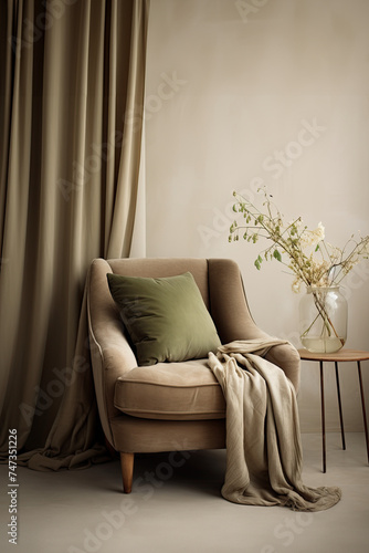 Comfortable beige armchair with olive pillow and beige plaid  olive curtain  flower in a glass vase on the wooden coffee table in light beige living room