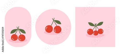 Cute cherry fruit with green leaves on pink sign labels isolated on white background vector.