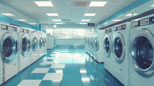 Urban Convenience, Modern Laundromat Interior Featuring Rows of Washing Machines. Clean and Bright Self-Service Laundry Facility, Reflecting Urban Daily Life Concept.