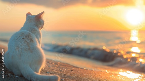 White Cat Watching Sunrise on Blue Seaside Beach #747351479