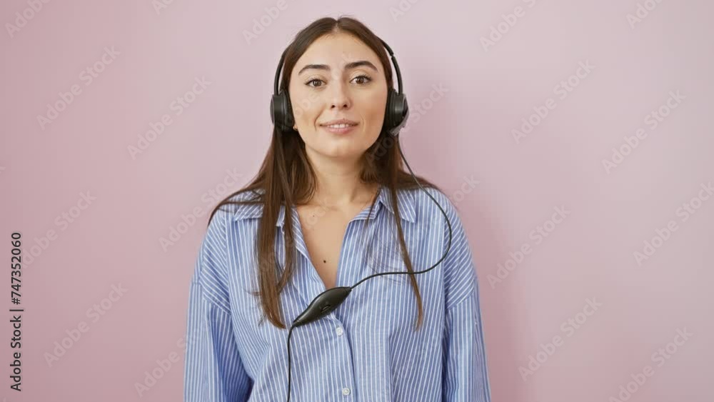 Hilarious portrait of a young, beautiful hispanic woman, puffing cheeks over an isolated pink background. crazy expression on her face as she wears a headset, mouth inflated with air. Hilarious portrait of a young, beautiful hispanic woman, puffing cheeks over an isolated pink background. crazy expression on her face as she wears a headset, mouth inflated with air.