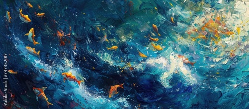The painting depicts a vibrant blue ocean teeming with lively yellow fish swimming gracefully. The contrast between the oceans hues and the fish creates a captivating scene. © AkuAku