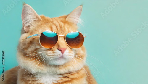 Zbliżenie portret śmieszny imbirowy kot jest ubranym okulary przeciwsłonecznych odizolowywających na lekki cyan. Copyspace.