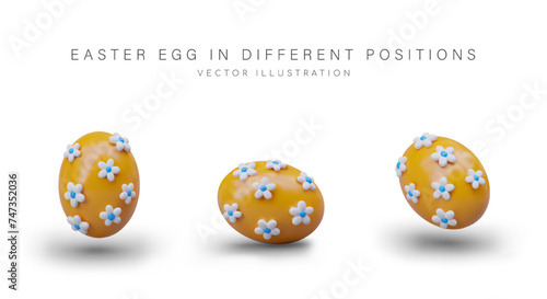 3D yellow Easter egg decorated with flowers. Set of vector objects in different positions