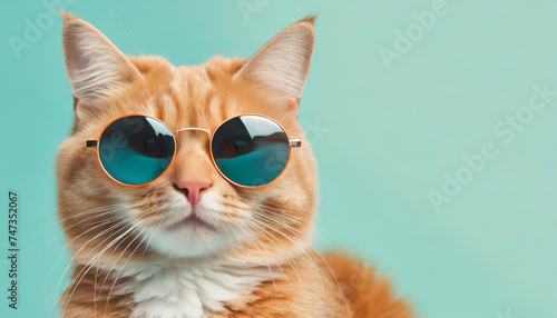 Zbliżenie portret śmieszny imbirowy kot jest ubranym okulary przeciwsłonecznych odizolowywających na lekki cyan. Copyspace.