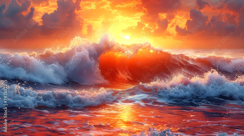 Sea wave at sunset. Illustration of computer digital drawing.