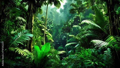 Deep tropical jungles. Dark rainforest  sun rays through the trees  rich jungle greenery.