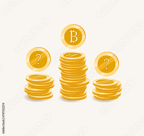 stack of golden coins with bitcoin symbol and question mark, question about the future of cryptocurrency