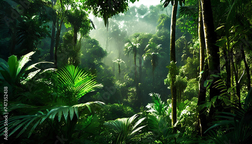 Deep tropical jungles. Dark rainforest  sun rays through the trees  rich jungle greenery.