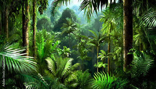 Deep tropical jungles. Dark rainforest  sun rays through the trees  rich jungle greenery.