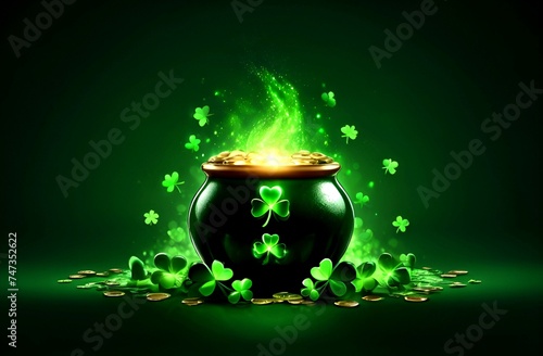 Happy St. Patricks Day Clover magic hat with pot and leaf background. holiday concept