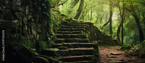 A set of stone steps ascends through a tunnel in a vibrant green forest. The steps provide access to the dense foliage and towering trees within the forest  creating a path for exploration and