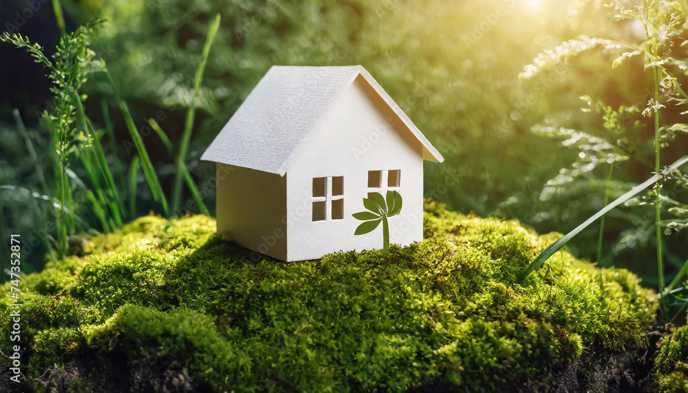 Eco house. Green and environmentally friendly housing concept. Miniature wooden house in spring grass, moss and ferns on a sunny day Eco house. Green and environmentally friendly housing concept. Miniature wooden house in spring grass, moss and ferns on a sunny day