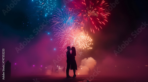 A couple kissing with fireworks background