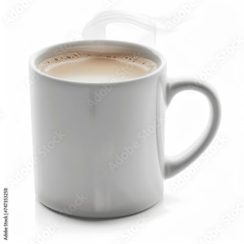 A steaming coffee mug isolated on a pure white background