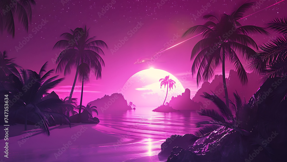 a purple and pink background with palm trees in the s