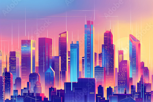 Twilight City. City skyline with silhouettes under a gradient sunset sky. Vector