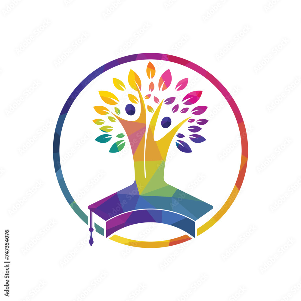 Education insurance and support logo concept. Graduation cap and human tree icon logo.