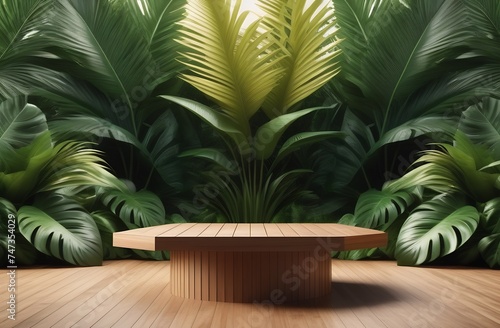 Wooden podium. Empty table stage. Tropical banana palms and monstera leaves. Scene for product presentation. Marketing promotion. Pedestal minimal showcase  poster or banner. Advertising background