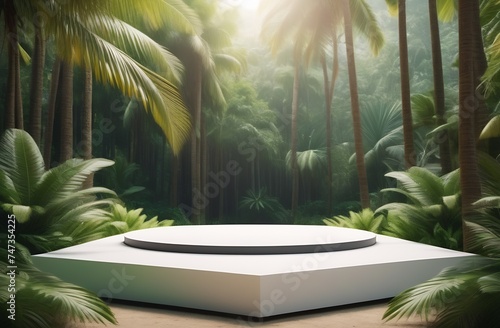Podium on tropical forest. Empty white stage. Exotic palms and sun beam. Scene for product presentation. Marketing promotion. Outdoors pedestal. Minimal showcase vacation scene advertising background