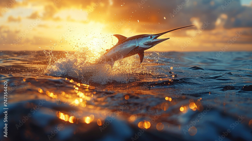 Obraz premium A big blue marlin swordfish jumping out of the ocean, sea animals.