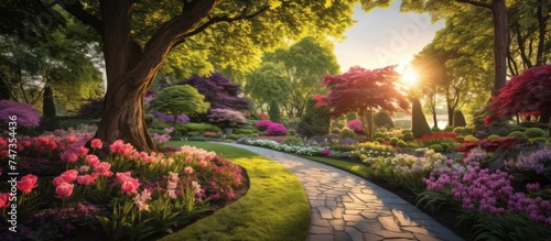 A detailed painting showcasing a garden filled with colorful flowers and towering trees. The flowers are in full bloom, adding pops of reds, yellows, pinks, and purples to the scene. The trees provide