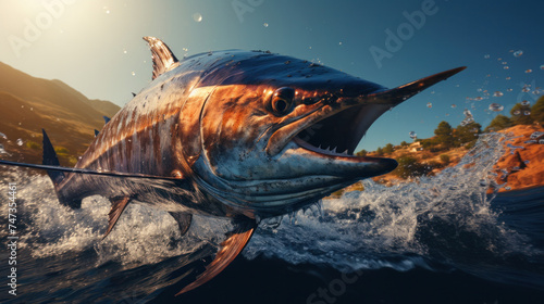 A big blue marlin swordfish jumping out of the ocean, sea animals. © tong2530
