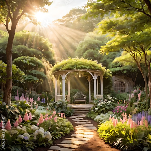 Summer Garden Landscape with Flowers, Trees, and Architecture