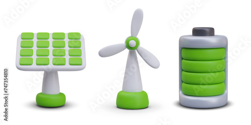 Solar panel, windmill, huge charged battery. Set of vector objects of natural energy