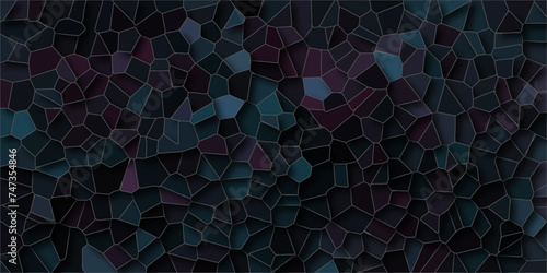 Quartz dark Navy blue Broken Stained Glass Background. Texture of geometric shapes With shadows and stoke .Dark colorful background with polygon or vector frame .Geometric Retro tiles pattern.