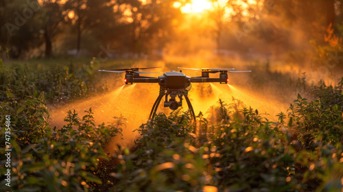 A moving drone spraying pesticides, fertilizers or water on a cultivated field at sunrise. photo