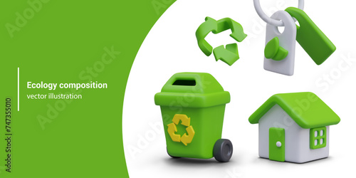 Ecological vector composition in children style. Green house, wheelie bin, leaf tag, recycling sign
