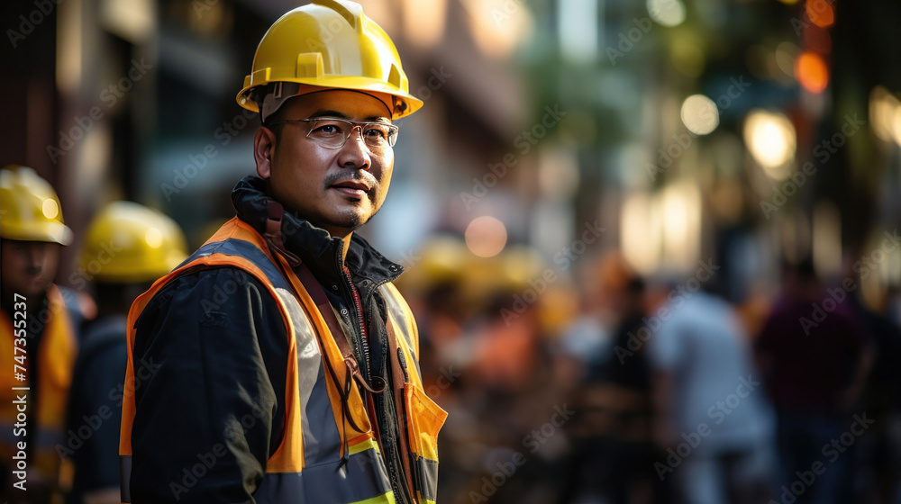 Asian young construction engineer at work with safety helmet and vest background banner Asian young construction engineer at work with safety helmet and vest background banner