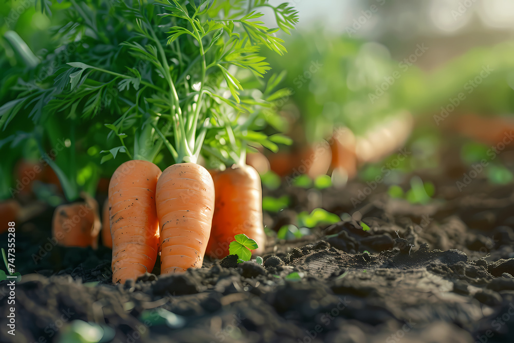 Carrots, a root vegetable, are growing naturally in the garden soil Carrots, a root vegetable, are growing naturally in the garden soil