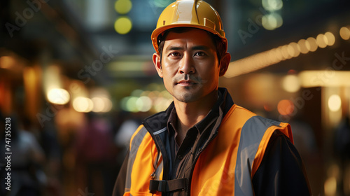 Asian young construction engineer at work with safety helmet and vest background banner © tong2530