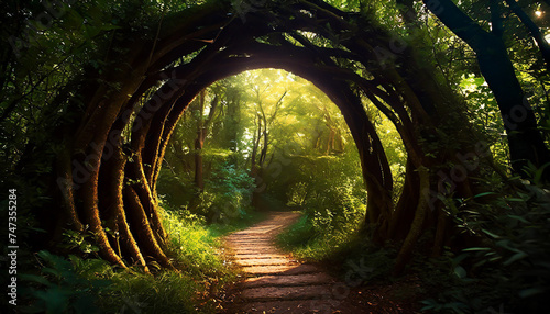Fototapeta Naklejka Na Ścianę i Meble -  Round stone portal gate in the forest, an abandoned temple. Path made of stones in the forest, gateway in jungle
