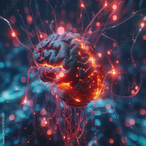 A 3D rendering of a brain with glowing wires, in electric blue light