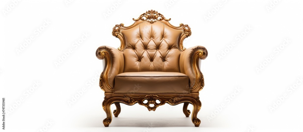 A classic baroque chair with a golden frame and intricate details, topped with a plush brown cushion, stands isolated against a white background. A classic baroque chair with a golden frame and intricate details, topped with a plush brown cushion, stands isolated against a white background.